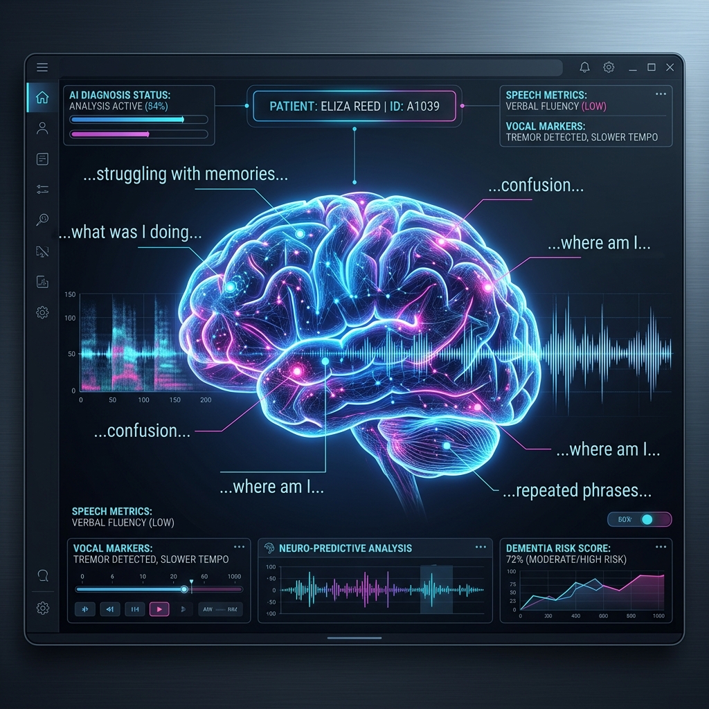 Dementia Classification & Forecasting - brain silhouette and audio waveforms