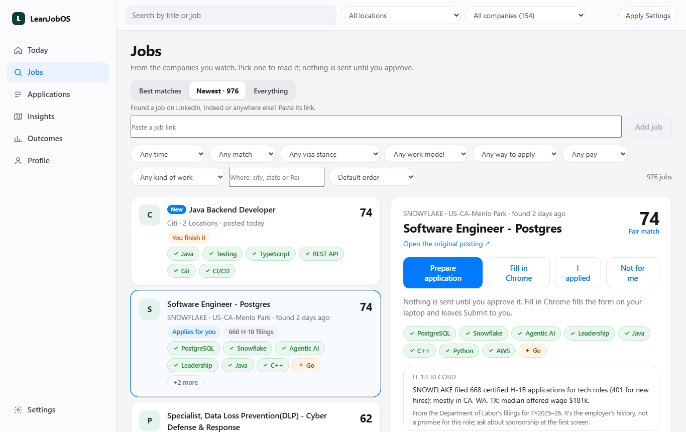 Jobs: filters including Where, a list with New badges and scores, and the selected job with Prepare, Fill in Chrome and I applied