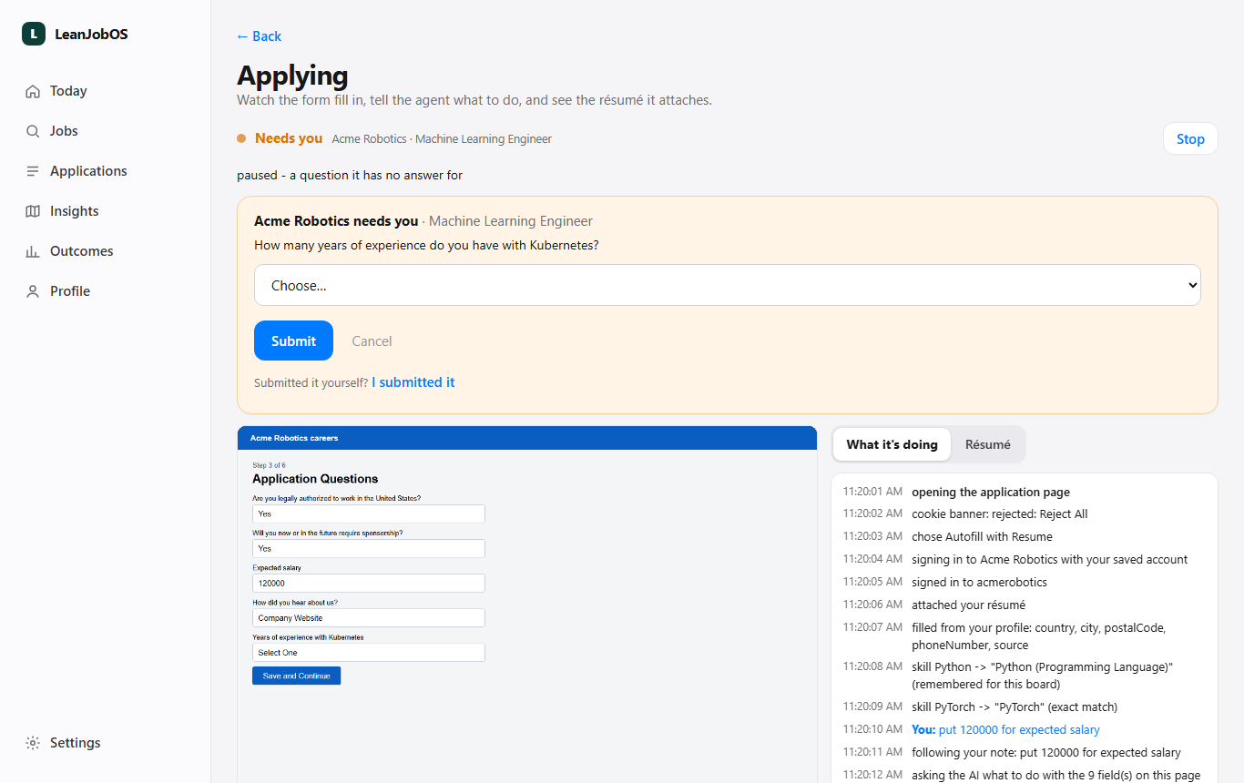 The live application page: the question it needs answered, the live form, and What it's doing with the chat