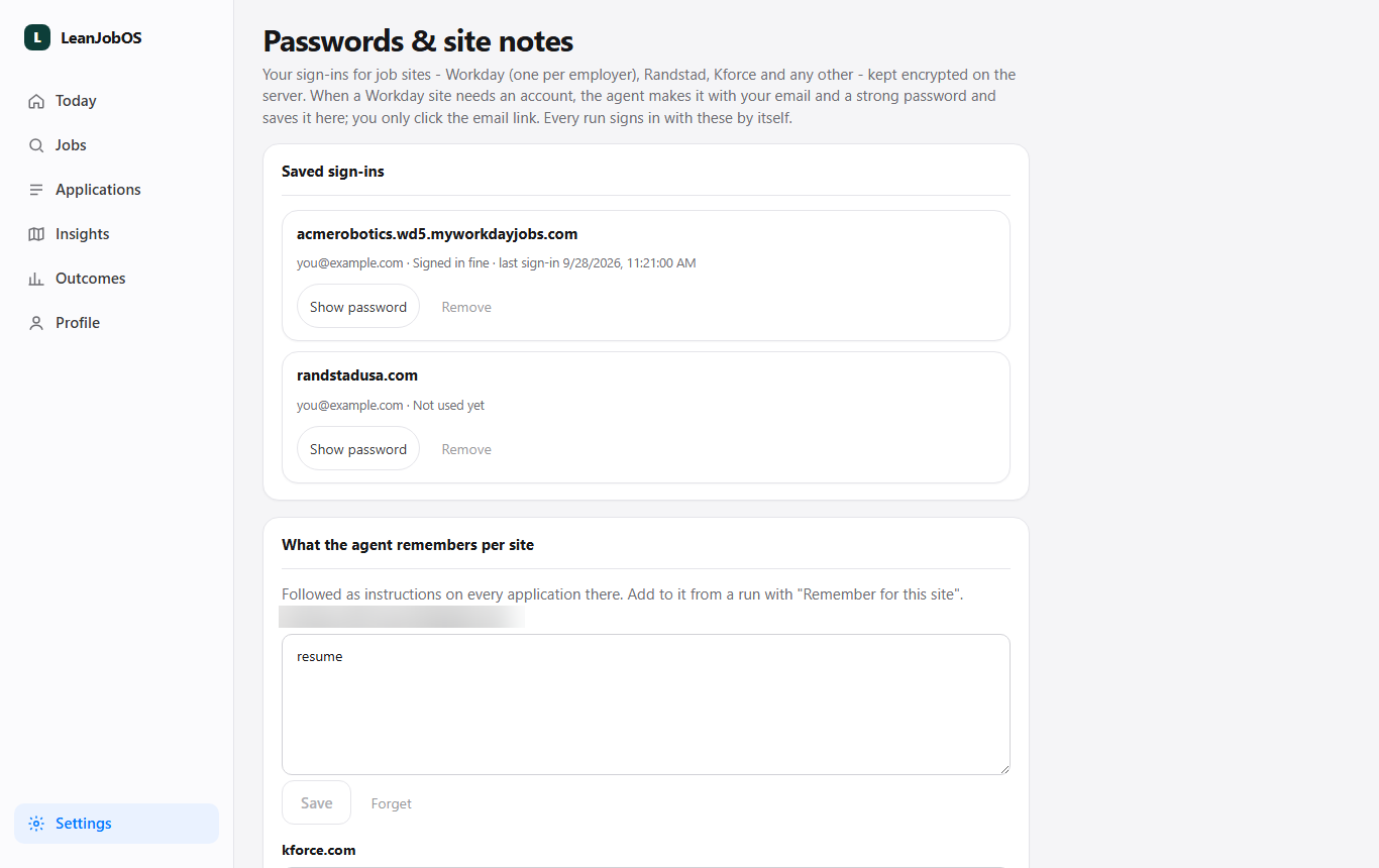 Passwords and site notes: saved sign-ins with Show password, and notes the agent follows per site