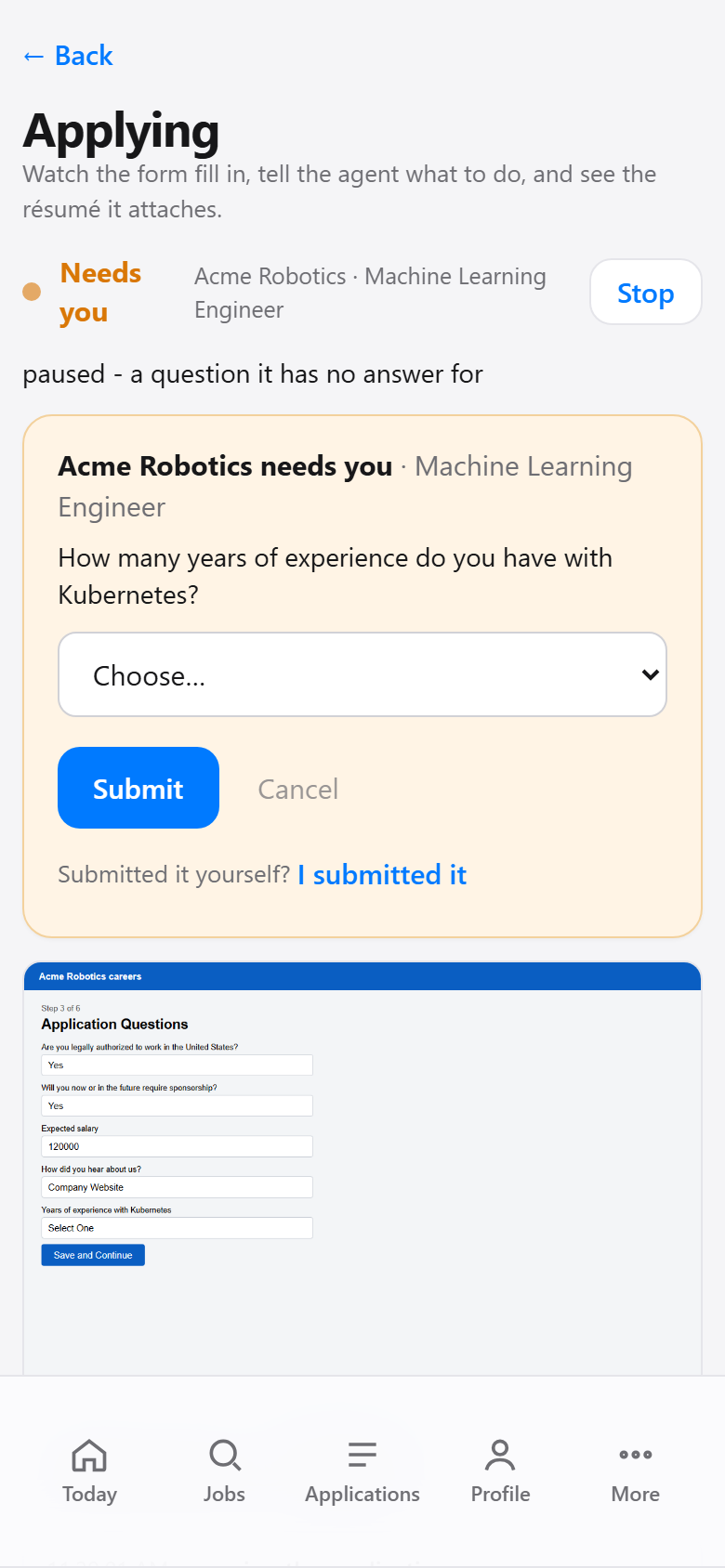 The live application page on a phone